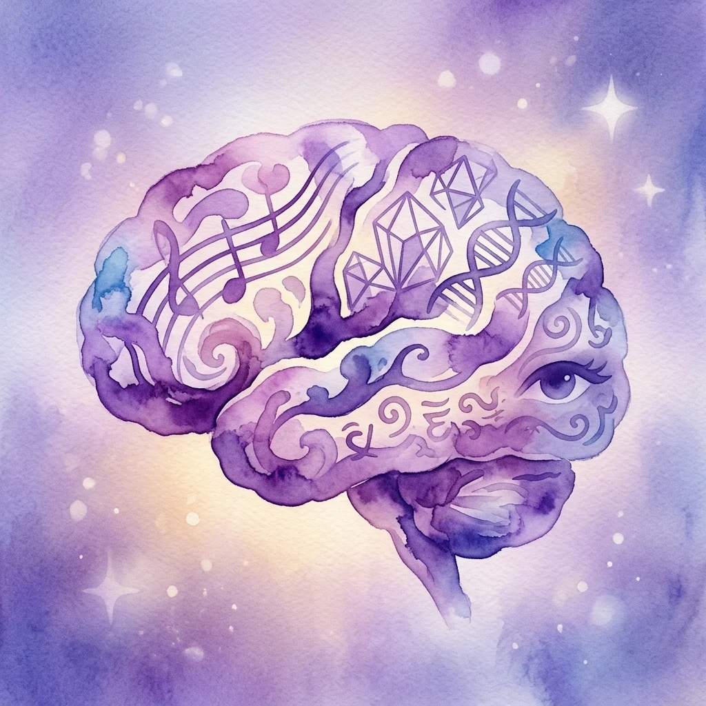 A watercolor illustration of a human brain filled with musical notes, DNA strands, geometric shapes, and an eye, set against a purple and gold cosmic background.