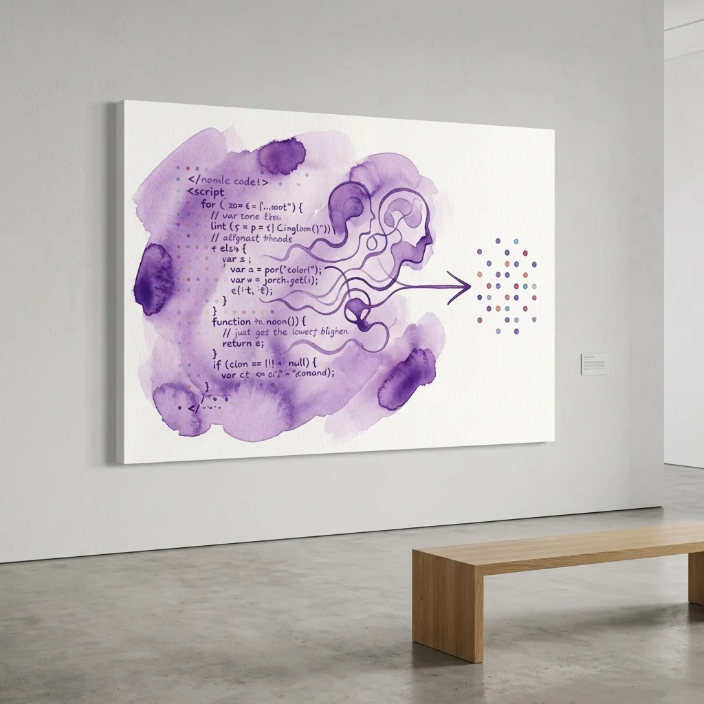 Digital artwork in a gallery featuring purple watercolor and code, illustrating the intersection of human thought and algorithms, part of the 'Code and Algorithms. Wisdom in a Calculated World' exhibition.