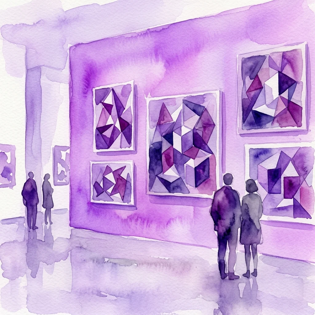 Watercolor illustration of a museum gallery with purple walls displaying Cubist artworks featuring geometric abstraction and fragmented forms, with visitors observing the pieces.