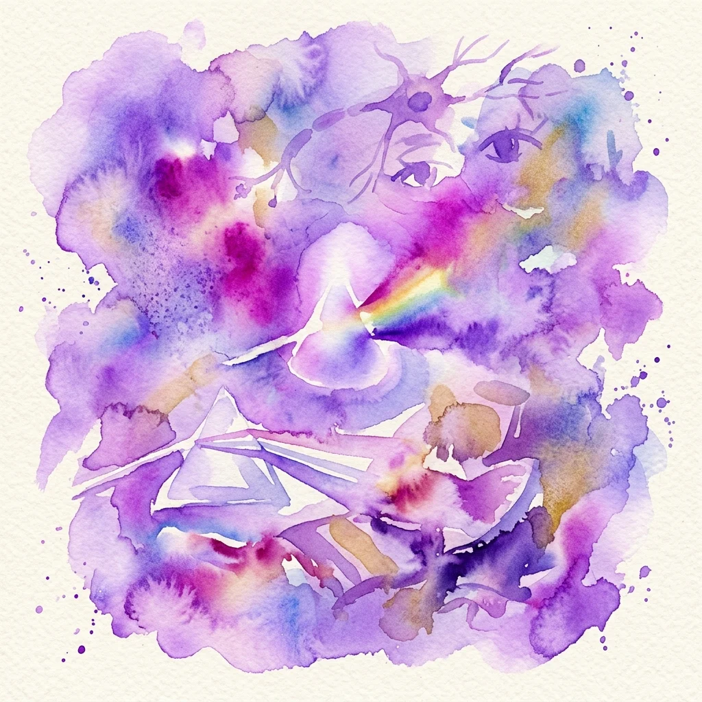Obra de arte abstracta en acuarela con vibrantes púrpuras, rosas y azules con un espectro de arcoíris, que evoca el tema de la percepción del color y la exploración científica.