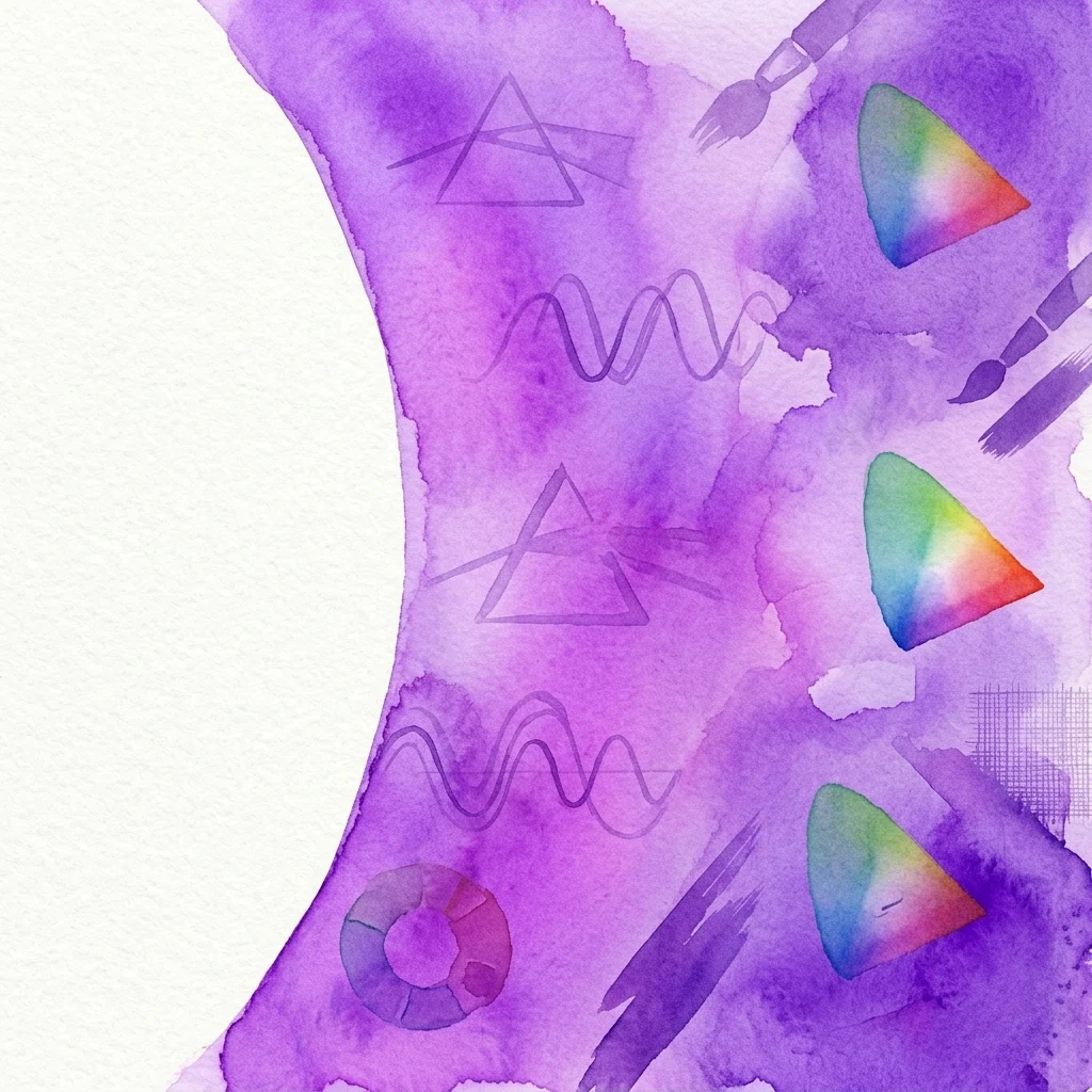 Abstract watercolor artwork in purple hues featuring geometric shapes, paintbrushes, and color spectrums, representing the exhibition 'Colour. The knowledge of the invisible' exploring color science and art.