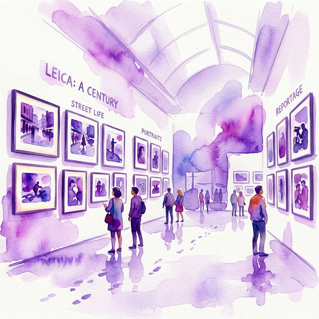 Ilustracja akwarelowa wystawy w galerii pod tytułem „Leica: A Century”, przedstawiająca oprawione fotografie w kategoriach takich jak „Ulica”, „Portrety” i „Reportaż”, z odwiedzającymi oglądającymi wystawę.