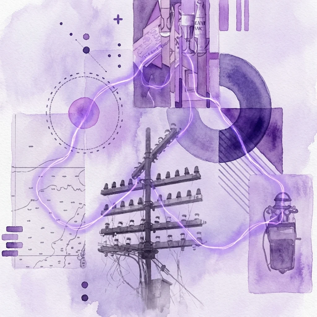 Abstrakcyjna kolaż łączący sztukę, technologię i historię ze świecącymi liniami łączącymi fragment obrazu kubistycznego, zabytkową maszynę telegraficzną, stare fotografie i słup telefoniczny, reprezentujący wystawę „Connections in the Telefónica Collection”.