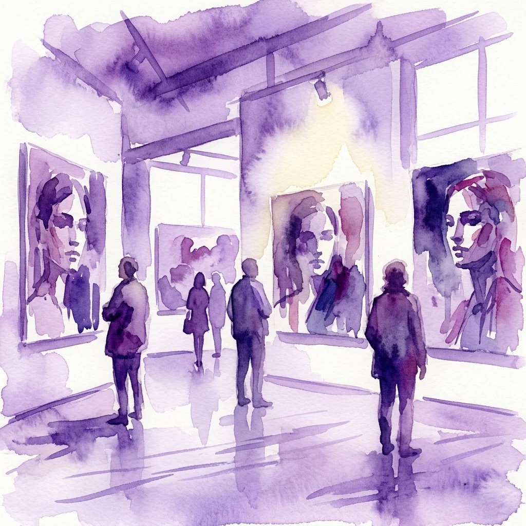 Waterverfillustratie van een kunstgalerie met bezoekers die grote portretschilderijen bekijken, met een contemplatieve en verfijnde sfeer.