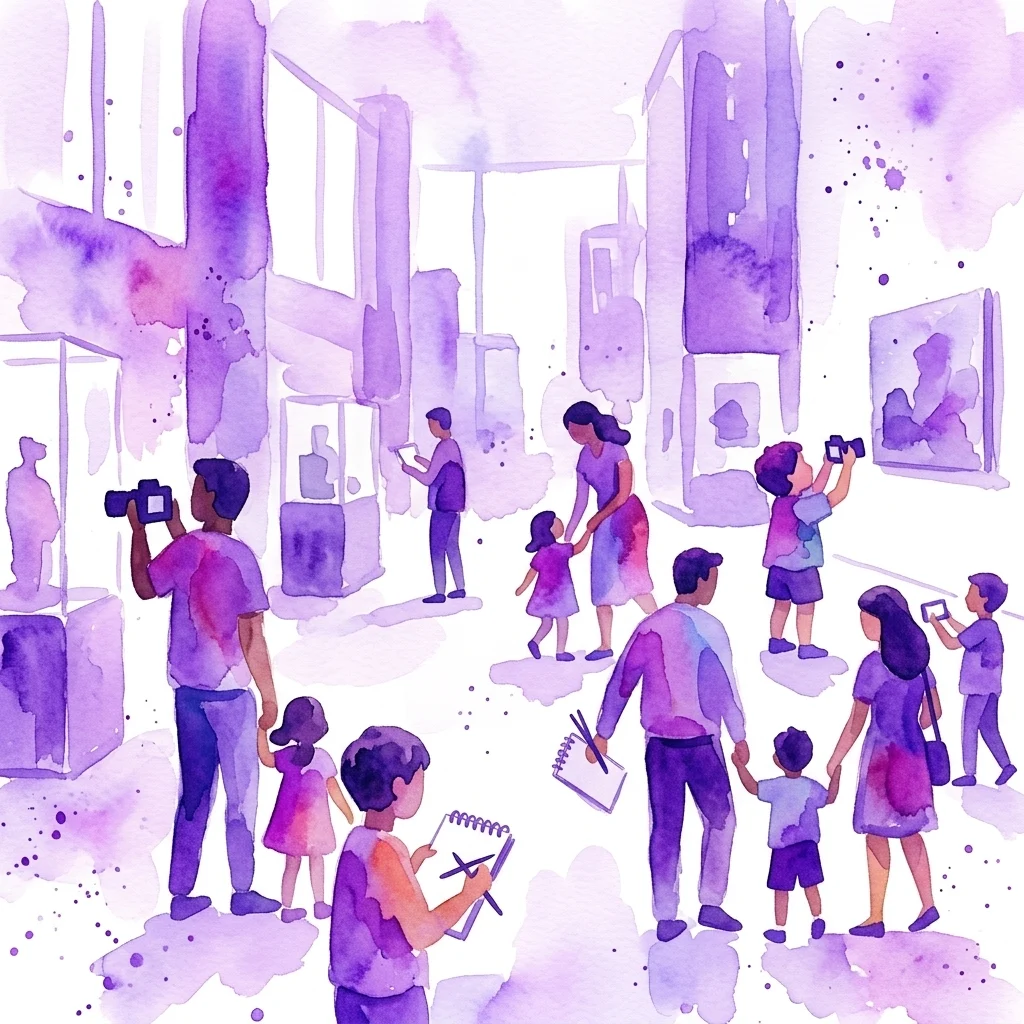 Een aquarelillustratie van gezinnen, inclusief volwassenen en kinderen, die deelnemen aan een visuele storytelling workshop in een museum of stedelijke omgeving, waarbij camera's en schetsboeken worden gebruikt om observaties vast te leggen.
