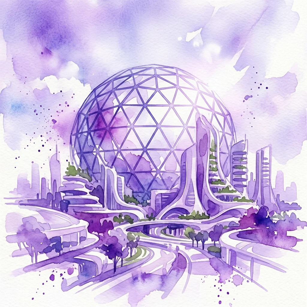 Een aquarelillustratie van een geodetische koepel omringd door futuristische duurzame architectuur, geïnspireerd op de ontwerpprincipes van Buckminster Fuller.