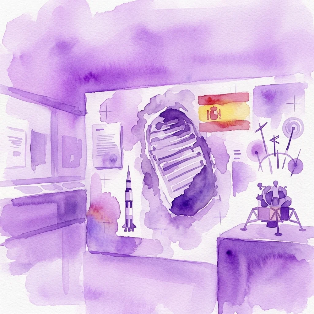 Watercolor illustration of an exhibition display featuring a lunar footprint, Spanish flag, rocket model, lunar module, and archival documents, representing Spain's role in the Apollo moon landing.