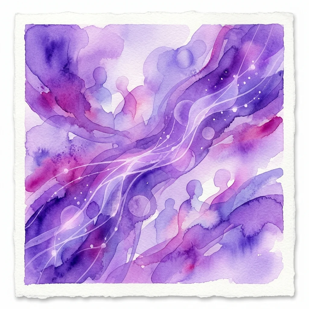 Obra de arte abstracta en acuarela en tonos púrpuras y rosados que representa siluetas humanas y líneas fluidas, simbolizando los derechos digitales y la conexión humana con la tecnología.
