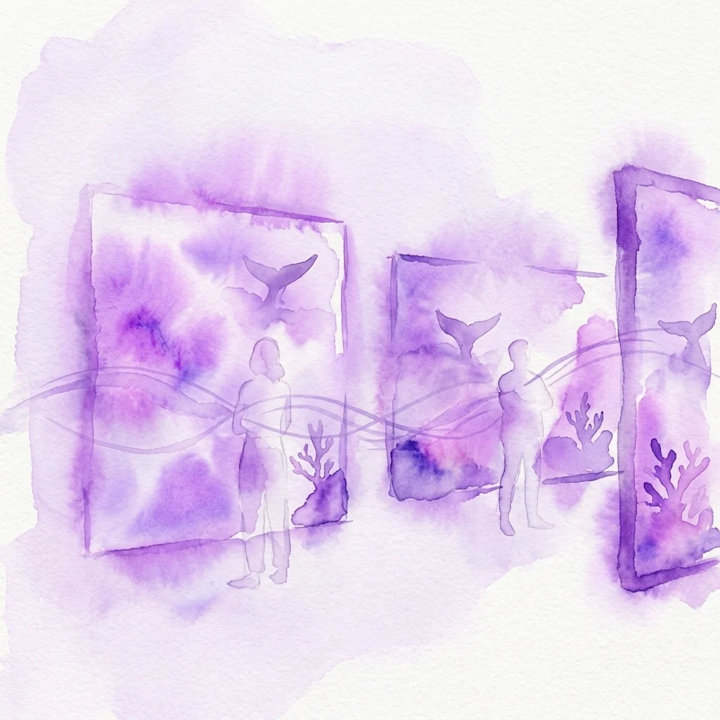 An artistic watercolor illustration of an immersive exhibition space with purple hues, featuring silhouettes of visitors observing whale tail and coral imagery, representing the 'Echoes of the Ocean' installation.