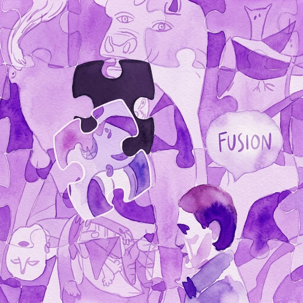 A vibrant purple watercolor comic panel blending classical art and modern illustration, featuring puzzle pieces and a speech bubble with the word 'FUSION', representing the exhibition 'El arte en el cómic'.
