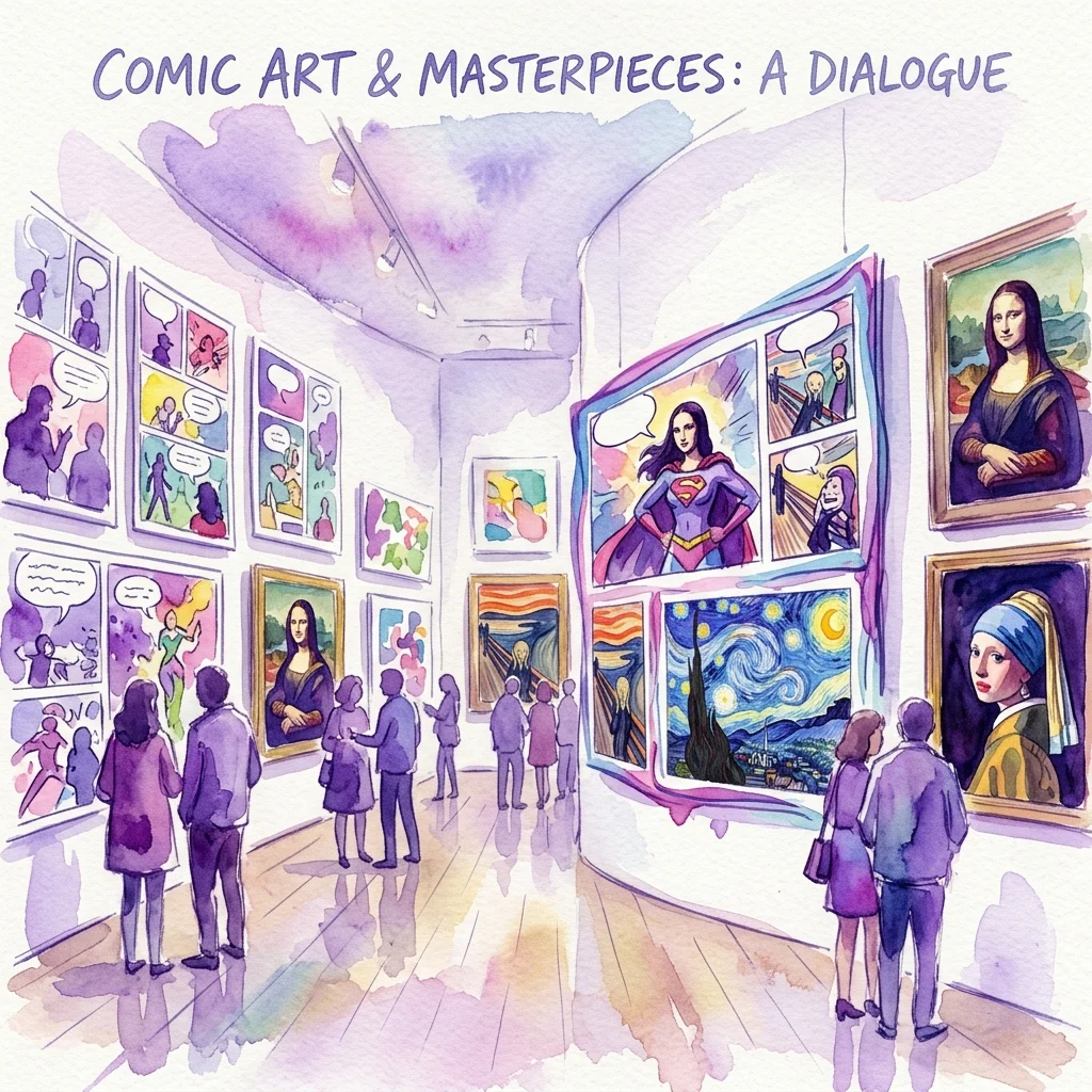 Illustration of an art gallery exhibition titled 'Comic Art & Masterpieces: A Dialogue,' featuring comic panels alongside classic paintings like the Mona Lisa and The Starry Night, with visitors viewing the artwork.