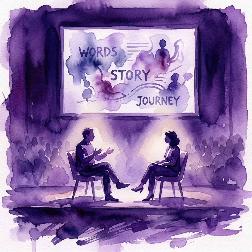 Ilustracja akwarelowa przedstawiająca wydarzenie literackie w Espacio Fundación Telefónica, z dwoma mówcami na scenie w rozmowie, ekranem projekcyjnym wyświetlającym napis 'WORDS STORY JOURNEY' oraz publicznością w tle.
