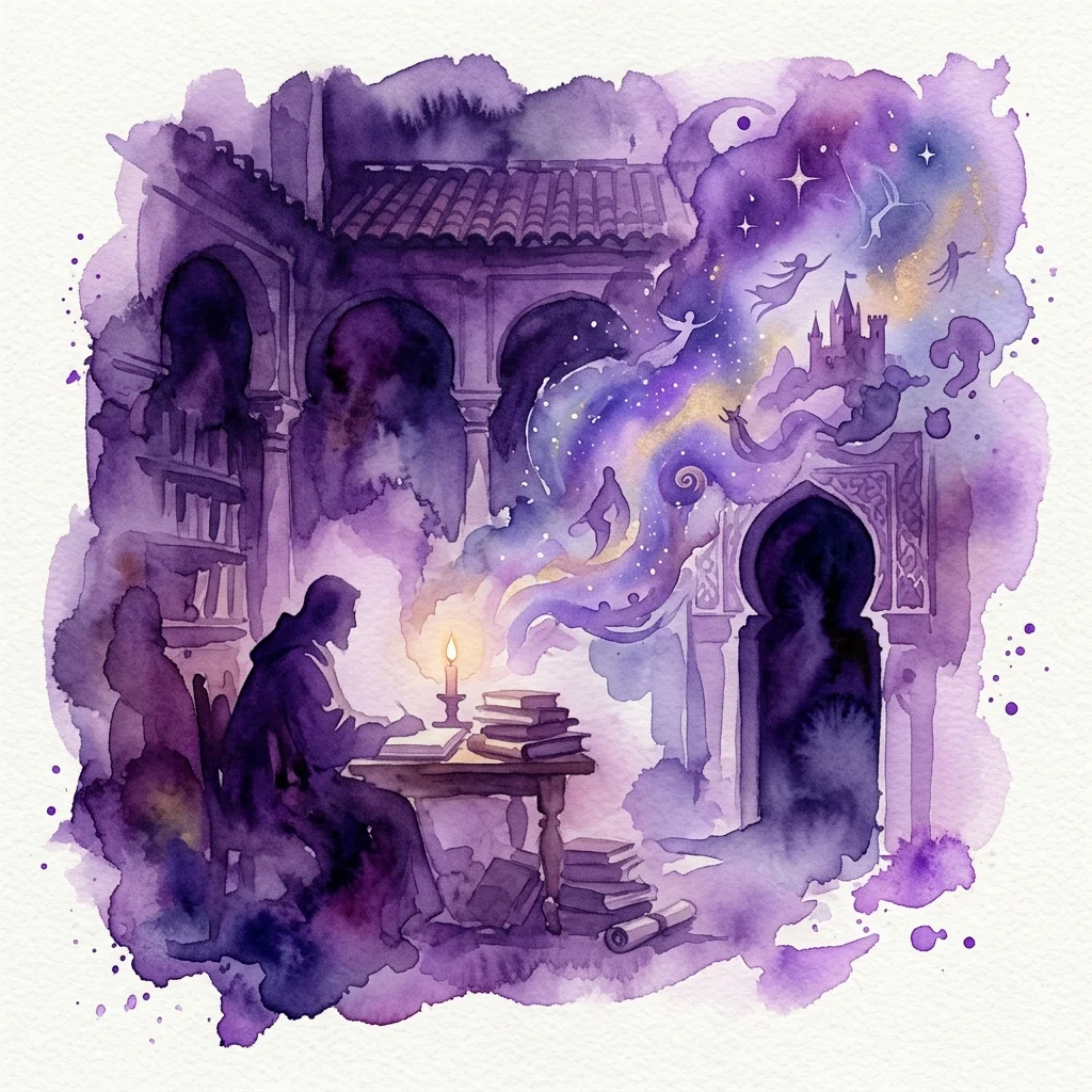 Ilustracja akwarelowa postaci piszącej przy biurku w słabo oświetlonym pokoju, otoczonej książkami i wirującą, purpurową, senną sceną z gwiazdami, zamkami i sylwetkami, nawiązująca do tematów rozumu i snów.