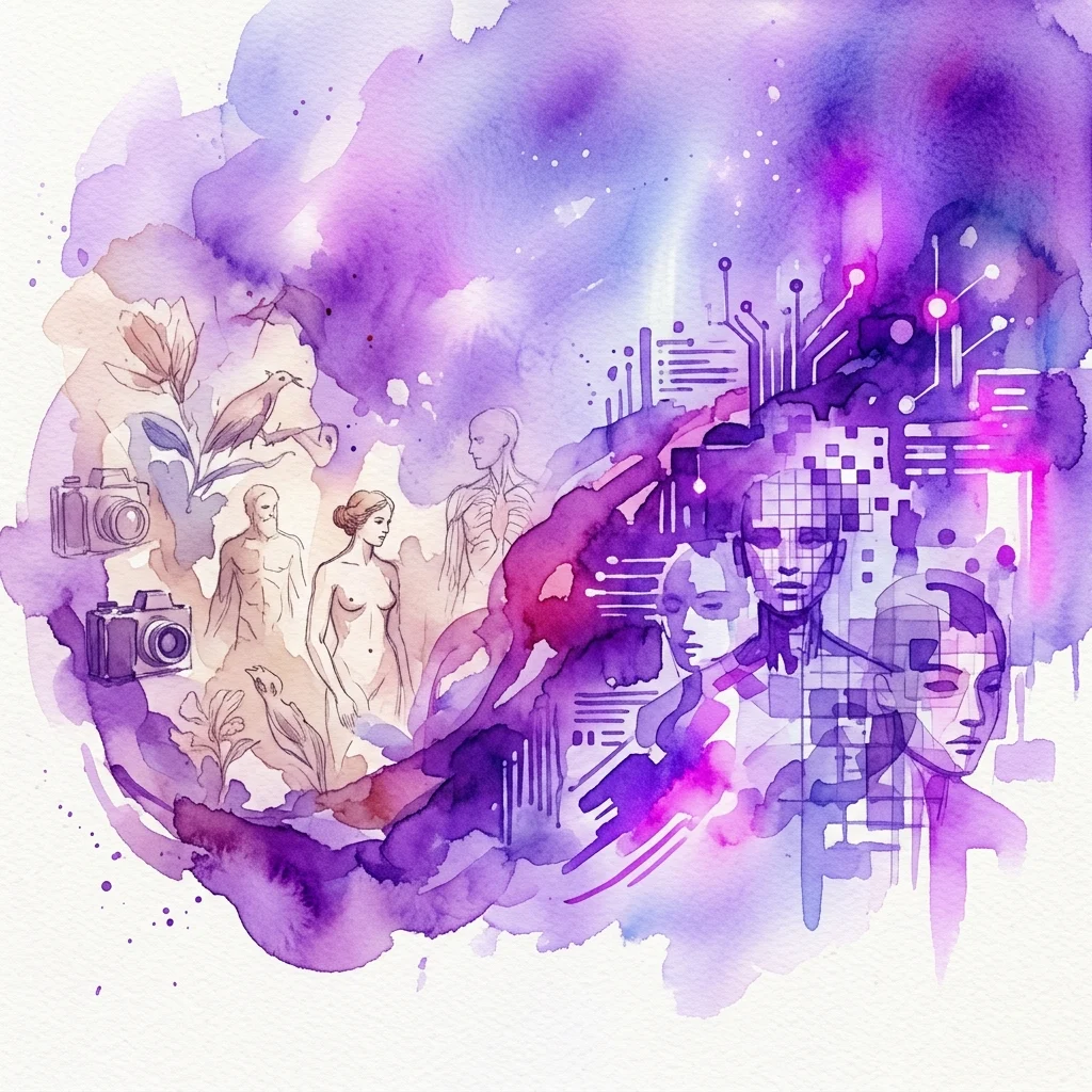 Una obra de acuarela que combina dibujos científicos históricos de anatomía humana y naturaleza con elementos digitales futuristas como placas de circuito y rostros de IA, simbolizando la evolución de la ciencia de la Ilustración a la inteligencia artificial.