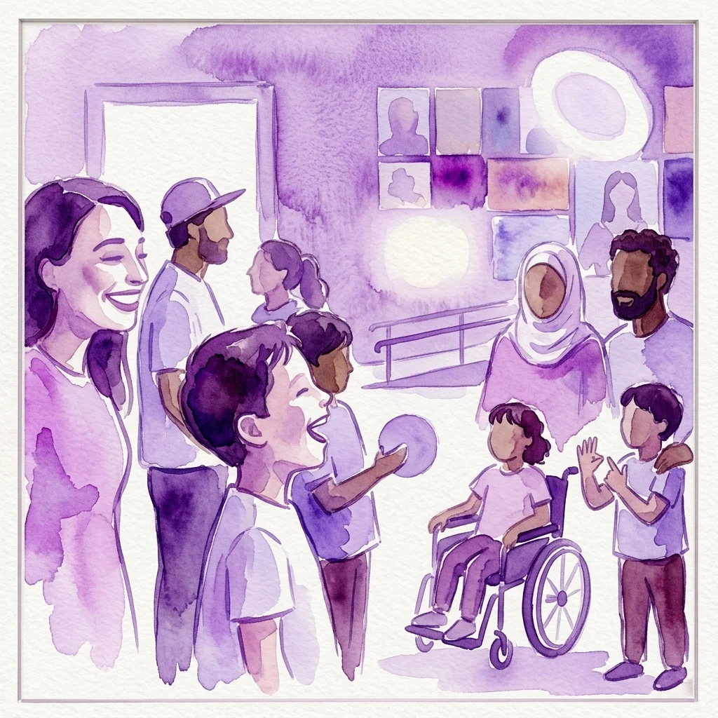 A watercolor illustration of diverse parents and children, including a child in a wheelchair, participating in a cultural activity at a museum, emphasizing inclusivity and accessibility for families with autism.