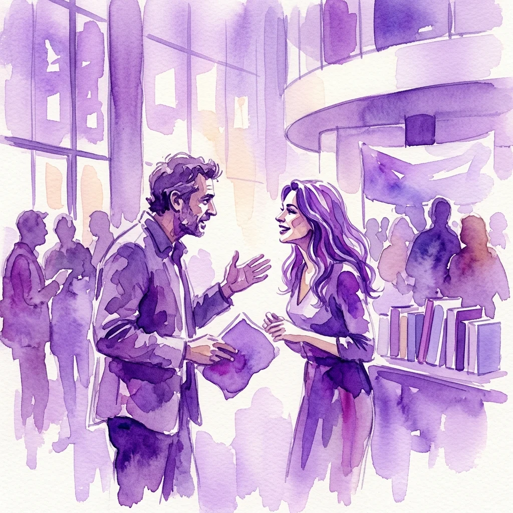 Una ilustración en acuarela del autor David Trueba y la actriz Anna Miñana conversando en un evento de libros, con una exhibición de libros al fondo, promocionando su novela 'Mi 69'.
