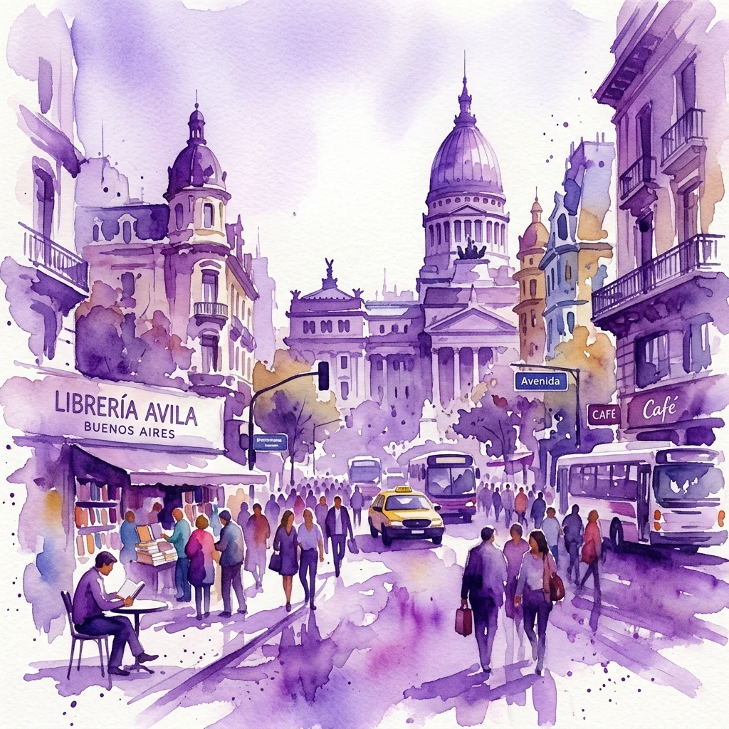 Waterverfillustratie van een drukke straatscène in Buenos Aires met het Nationaal Congres-gebouw, een boekwinkel genaamd Librería Avila en voetgangers, die de literaire thema's van Martín Caparrós' roman BUE oproepen.