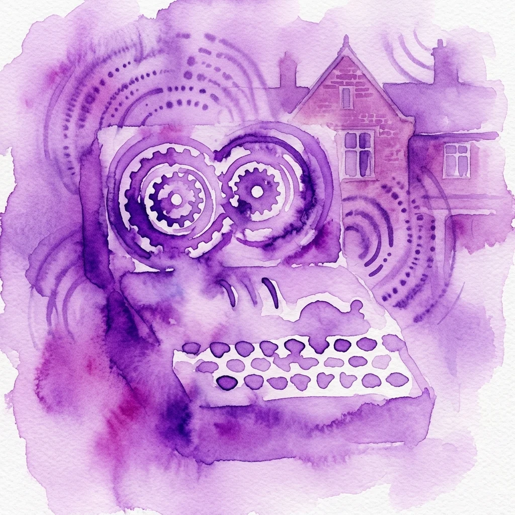 Watercolor illustration of a typewriter with gears, symbolizing the Enigma machine, set against a backdrop of a building resembling Bletchley Park, representing coded communication during WWII.
