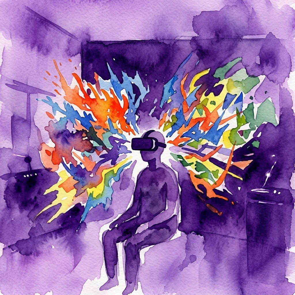 Una persona con un casco de RV en una habitación oscura, con colores vibrantes y caóticos irradiando de su cabeza, representando la experiencia inmersiva de ManiacVR, una exposición sobre el trastorno bipolar en Espacio Realidad Extendida.