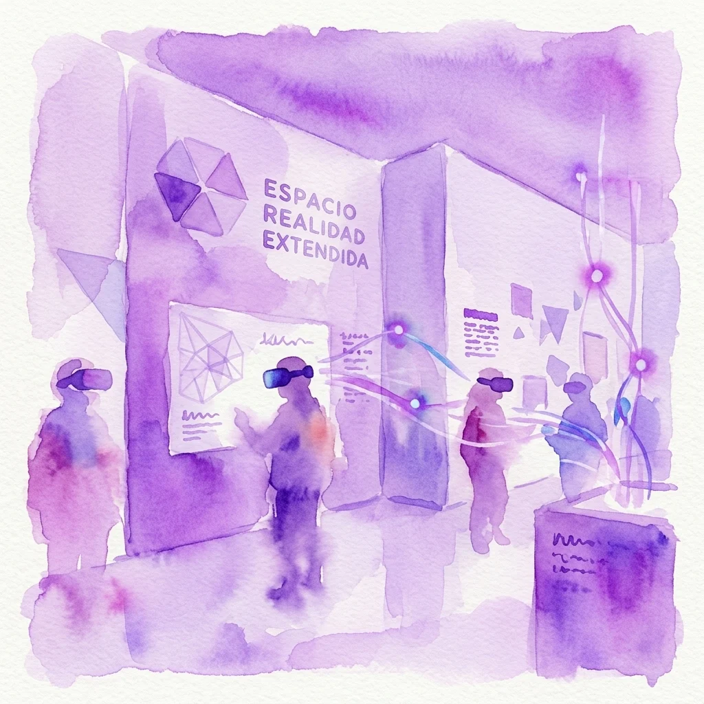 Ilustracja akwarelowa przestrzeni wystawienniczej Espacio Realidad Extendida przedstawiająca zwiedzających korzystających z gogli VR i interaktywnych wyświetlaczy, prezentująca technologię rozszerzonej rzeczywistości.