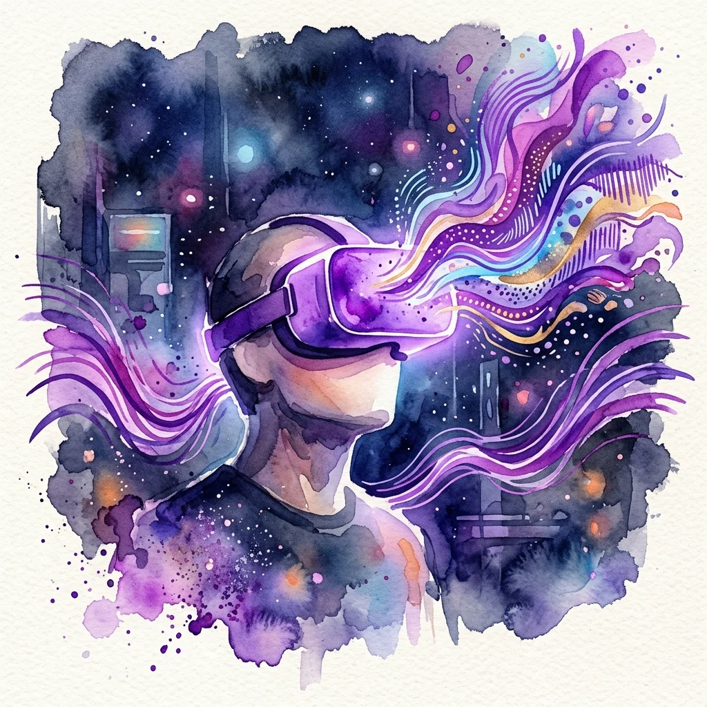 Osoba nosząca gogle VR z żywymi, abstrakcyjnymi wizualizacjami muzycznymi i falami dźwiękowymi wydobywającymi się z niej, na tle ciemnego, futurystycznego otoczenia.