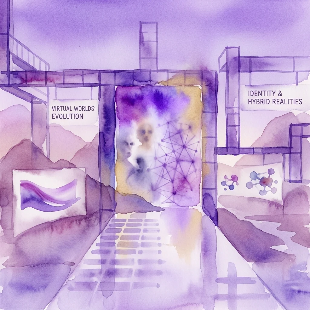Una ilustración artística en acuarela de un espacio de exposición que explora mundos virtuales, con secciones tituladas 'Mundos Virtuales: Evolución' e 'Identidad y Realidades Híbridas' con arte digital y visuales abstractos.