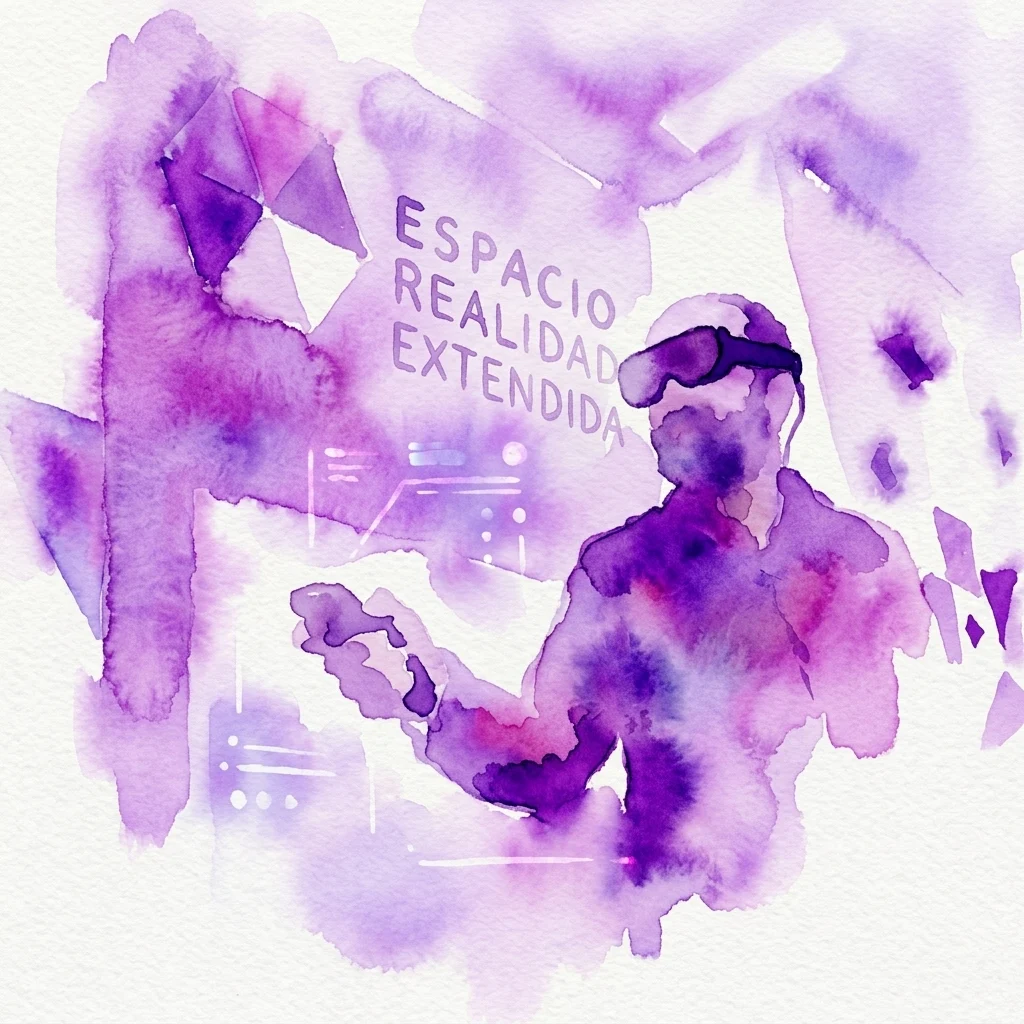 Una ilustración en acuarela de una persona con un casco de RV y el texto 'ESPACIO REALIDAD EXTENDIDA' al fondo, que representa el principal escaparate de tecnología XR de España.