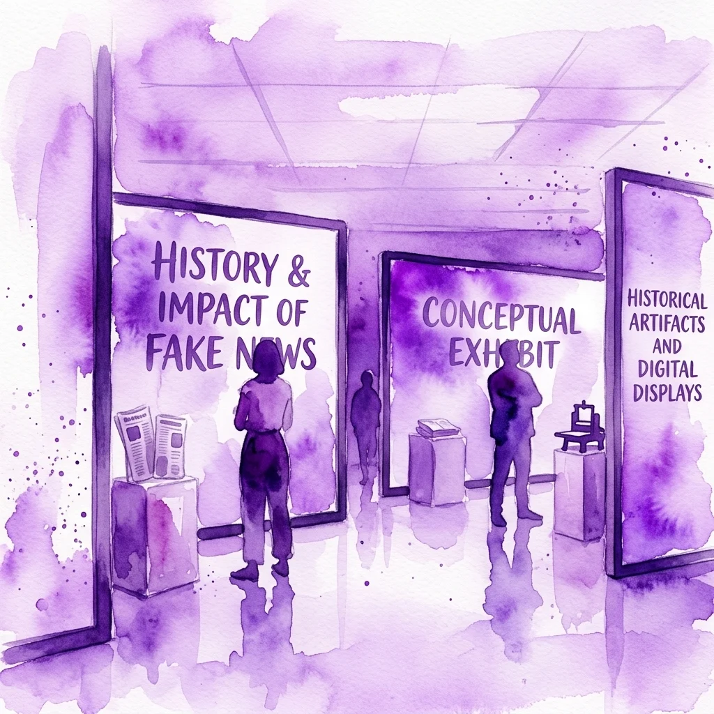 Ilustracja akwarelowa galerii muzealnej prezentującej wystawę „Fake News. Fabryka wiadomości” ze zwiedzającymi oglądającymi ekspozycje dotyczące historii i wpływu fałszywych wiadomości, artefaktów historycznych oraz instalacji cyfrowych.