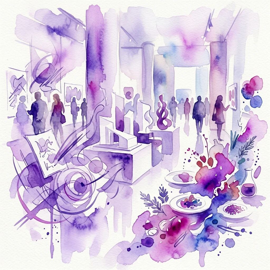 Waterverfillustratie van een moderne kunstgalerie tentoonstelling met abstracte sculpturen, schetsen en culinair geïnspireerde displays, met bezoekers die de ruimte verkennen.