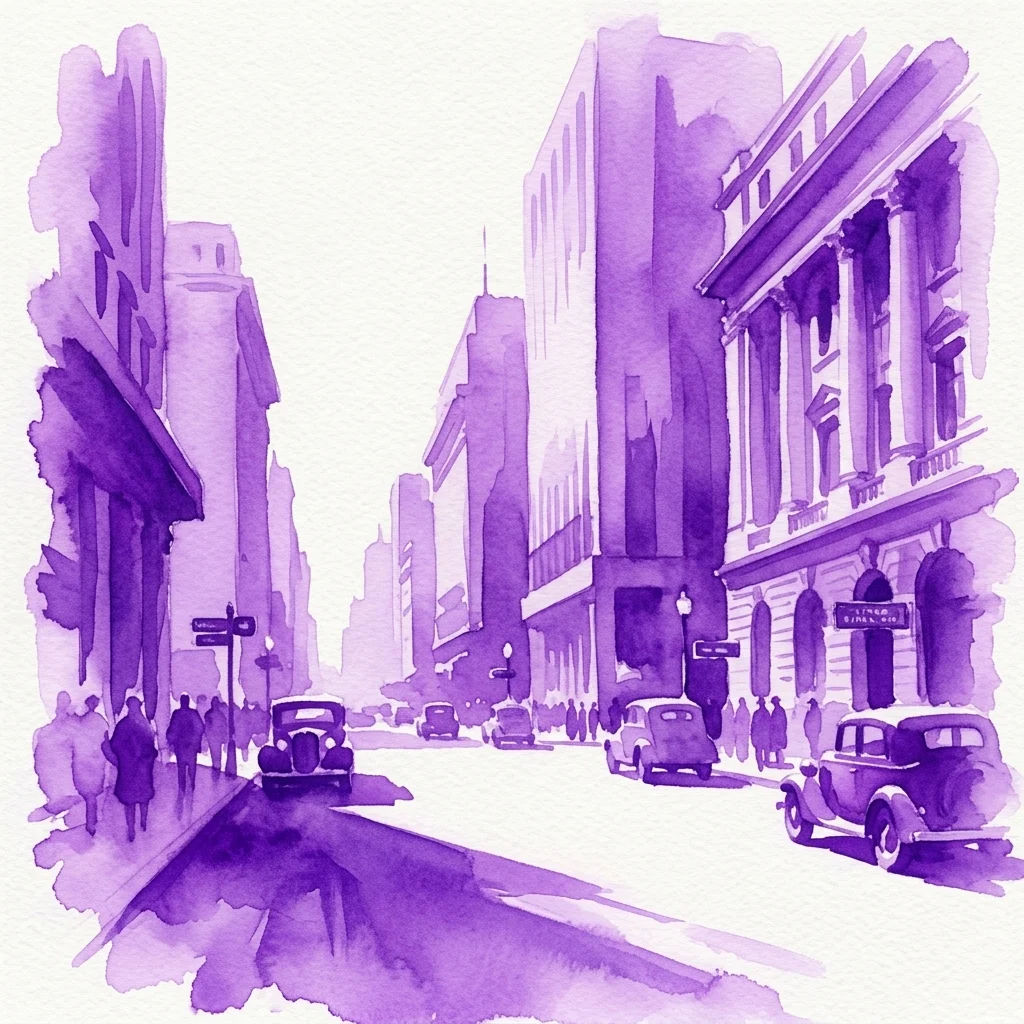 Fioletowa akwarela przedstawiająca ulicę Buenos Aires z lat 30. XX wieku z zabytkowymi samochodami, przechodniami i wczesnomodernistyczną architekturą, nawiązująca do artystycznej wizji wystawy Fervor de Buenos Aires.