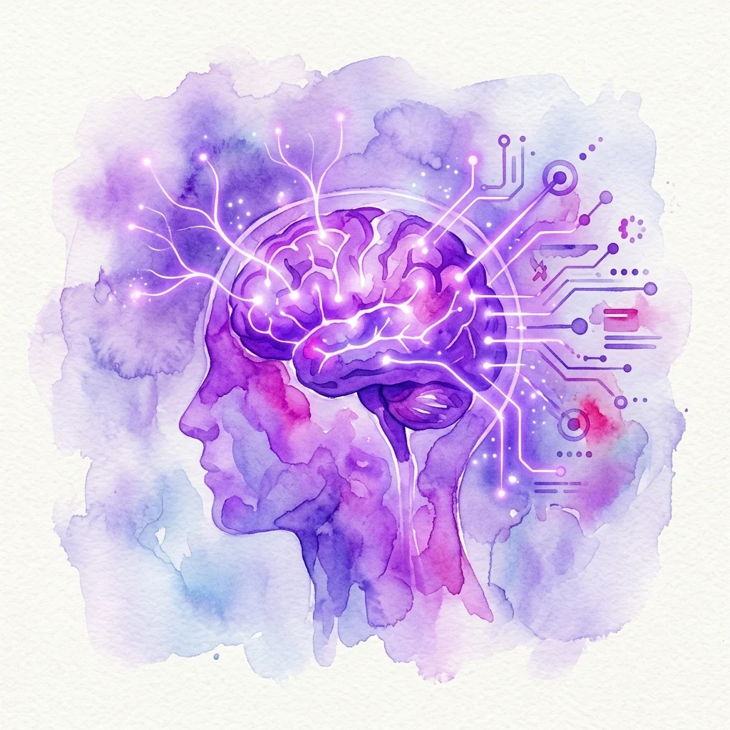 Een aquarelillustratie van een menselijk hoofd in profiel met een brein verbonden aan circuitachtige paden, die neurotechnologie en brein-computerinterfaces symboliseert.
