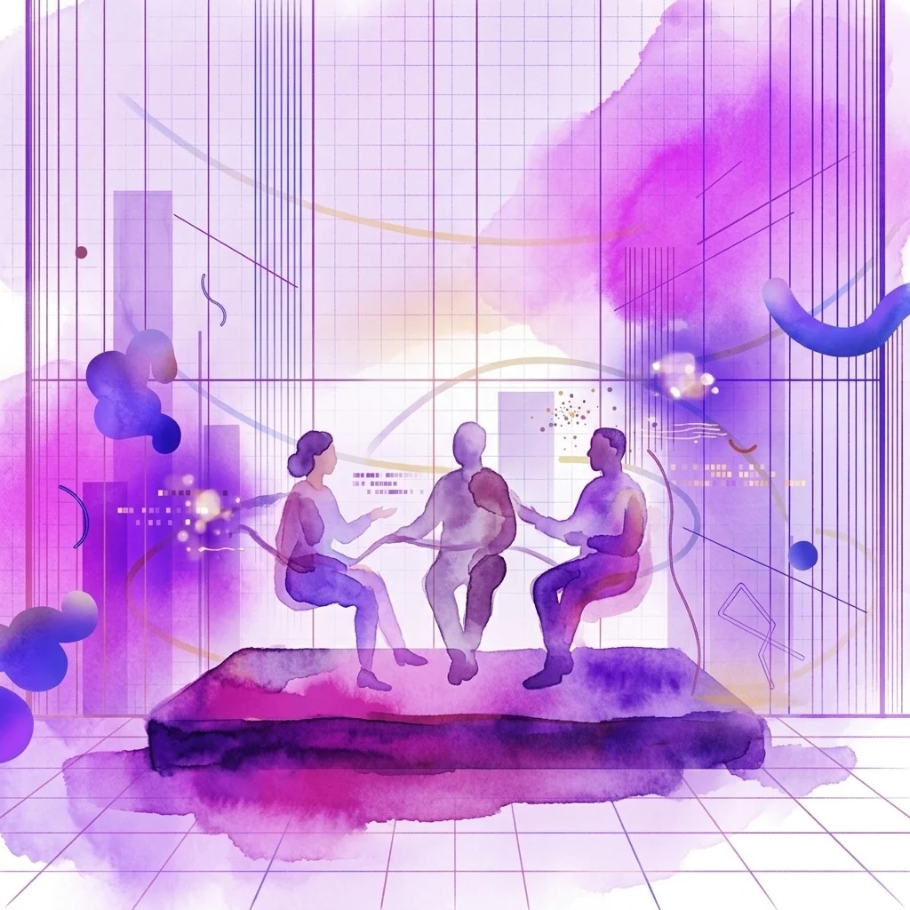 Abstracte illustratie van drie figuren in gesprek op een platform, tegen een paarse en blauwe digitale achtergrond met rasterlijnen en datavisualisaties, die een panel over technologie en creativiteit voorstelt.