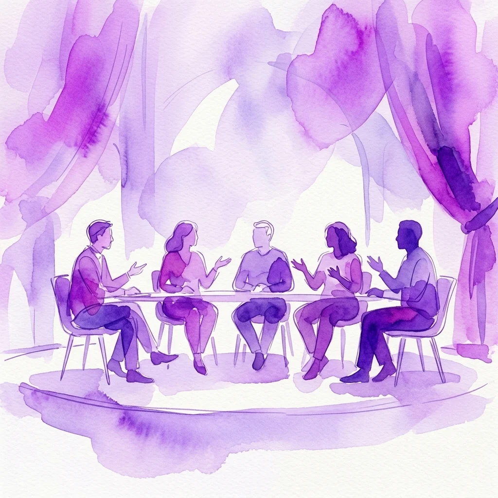 A watercolor illustration of five people seated around a table in a panel discussion, engaged in conversation in a modern event space with purple accents.