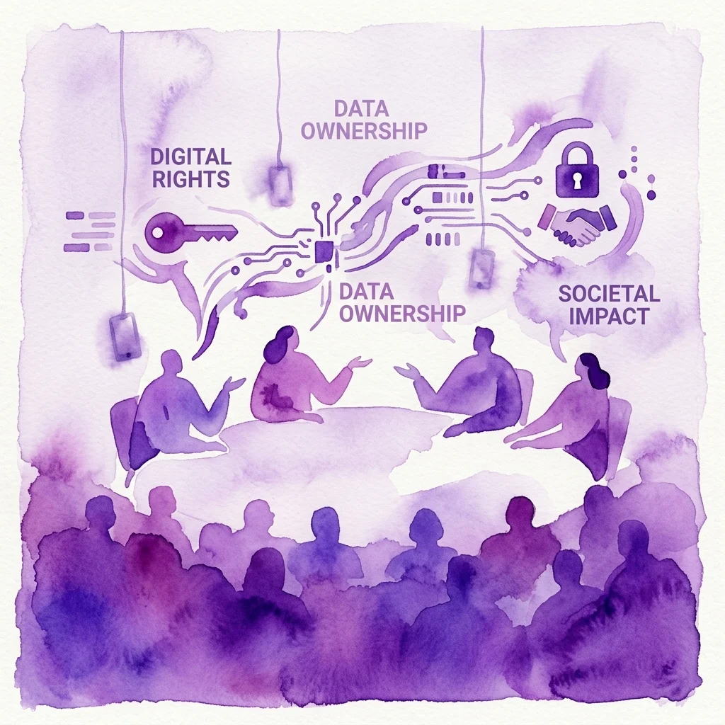Una ilustración en acuarela morada de un panel de discusión sobre derechos digitales, propiedad de datos e impacto social, con siluetas de ponentes y público en un auditorio moderno.