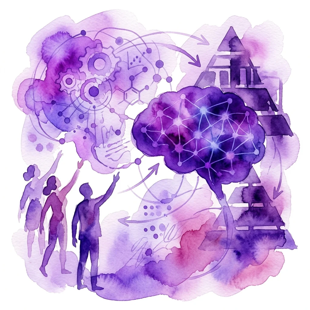 Een paarse aquarelillustratie die abstracte voorstellingen van kunstmatige intelligentie, wetenschappelijk onderzoek en maatschappelijke machtsstructuren weergeeft, met menselijke figuren, een brein met neurale netwerken, tandwielen en een piramide, die de thema's van het Foro TELOS-evenement over AI, wetenschap en macht symboliseren.