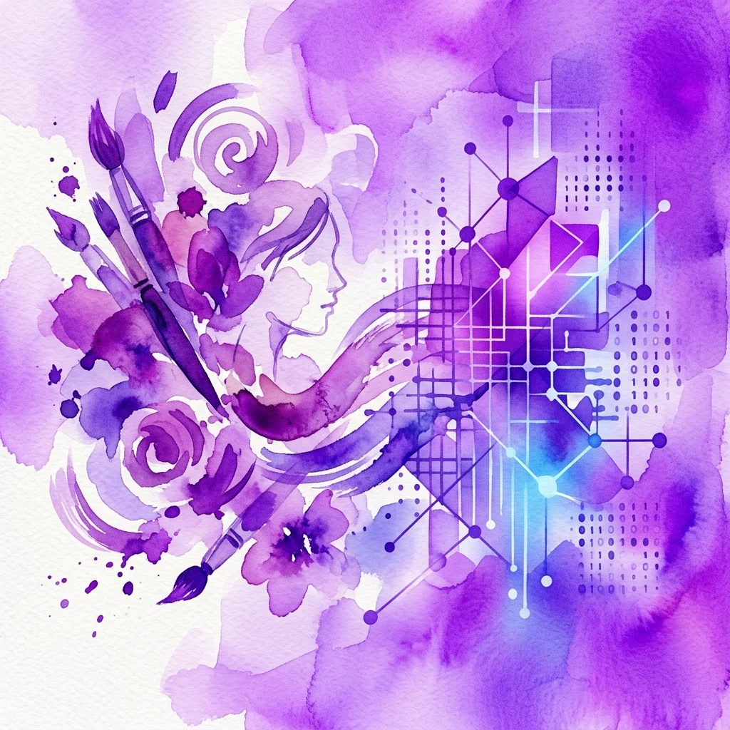 Una ilustración en acuarela morada que mezcla elementos artísticos como pinceles y flores con patrones digitales, representando la intersección de la creatividad humana y la inteligencia artificial.