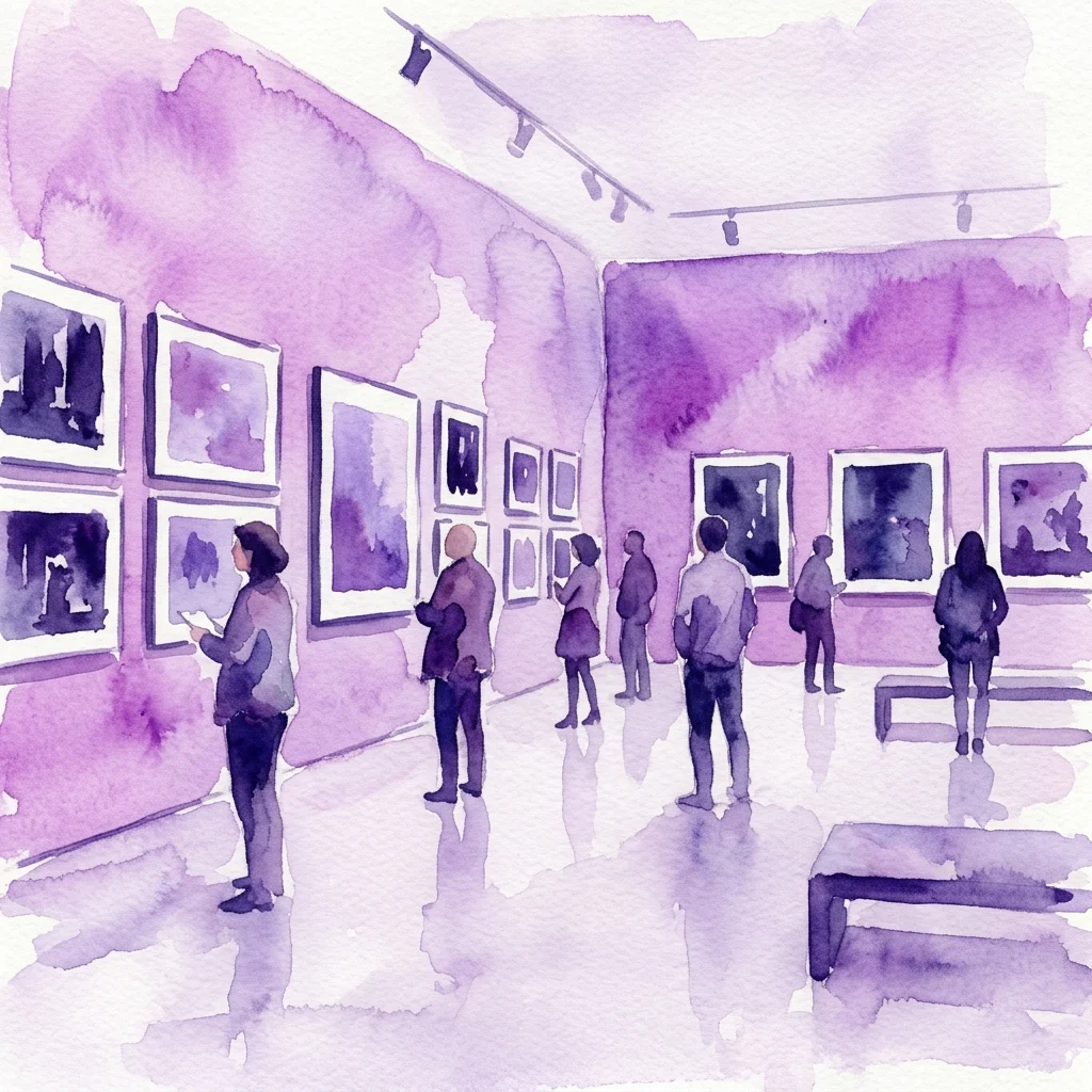 Watercolor illustration of visitors viewing contemporary photographs in a gallery with purple walls, representing the Fotografía Contemporánea en la Colección Telefónica exhibition.