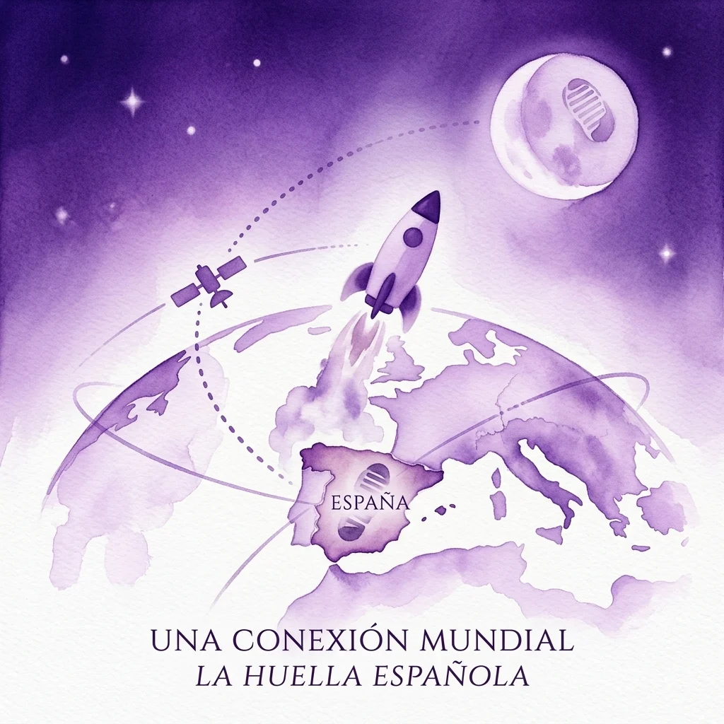 A purple watercolor illustration of a rocket launching from Spain towards the Moon, with a satellite and dotted communication lines, representing Spain's role in the Apollo 11 mission.