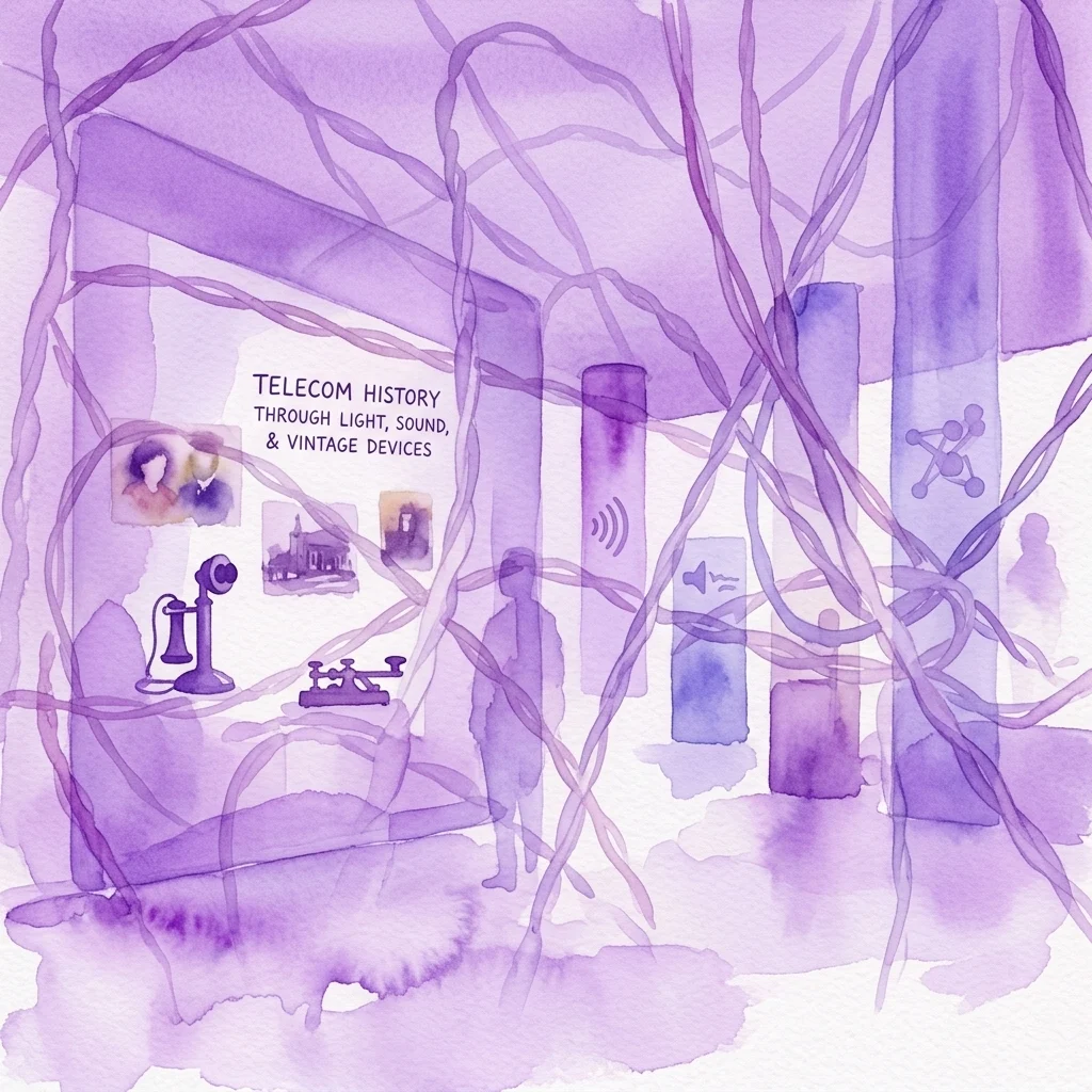 Ilustracja akwarelowa wystawy sztuki zatytułowanej 'Historia Telekomunikacji przez Światło, Dźwięk i Zabytkowe Urządzenia', prezentująca zabytkowe telefony, archiwalne obrazy i abstrakcyjne fioletowe okablowanie, reprezentujące wystawę 'Spojrzenia, które komunikują'.