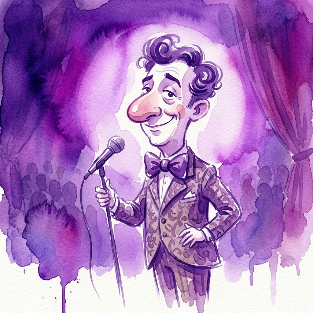 A watercolor caricature of comedian Miguel Gila on stage, holding a microphone under a spotlight, with a purple-hued audience in the background.
