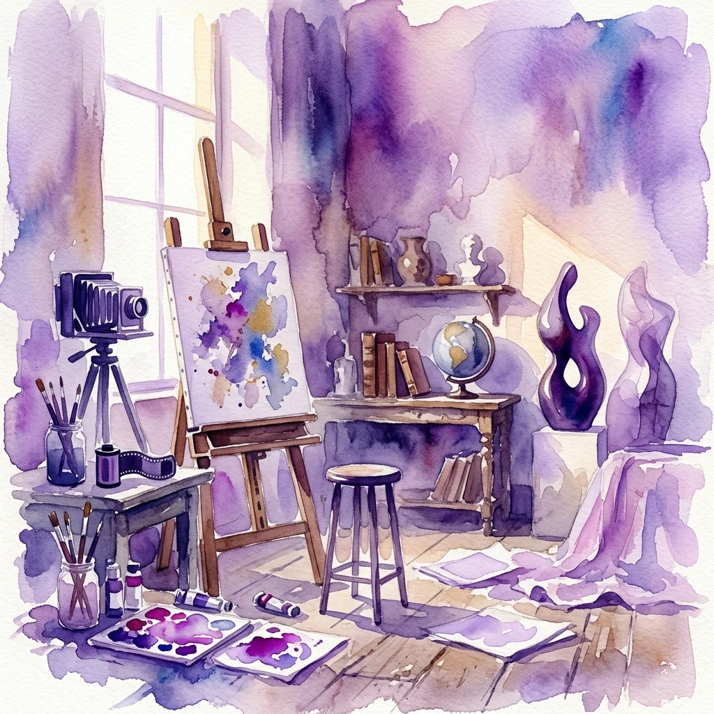 Waterverfillustratie van een kunstenaarsatelier met een camera, ezel, schilderborstels en abstracte sculpturen, die thema's van creativiteit en introspectie oproepen.
