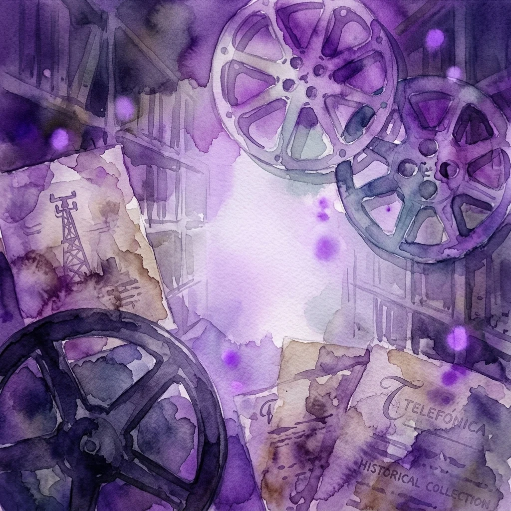 Ilustración de acuarela de carretes de película vintage y documentos de archivo de la colección histórica de Telefónica, evocando una sensación de patrimonio audiovisual preservado.