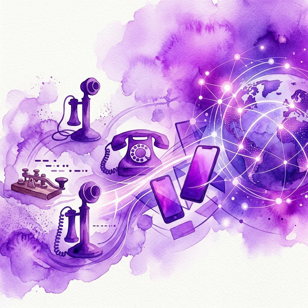 A watercolor illustration depicting the evolution of telecommunications, featuring vintage telegraph machines, early telephones, and modern smartphones connected by glowing lines over a globe, symbolizing global communication progress.