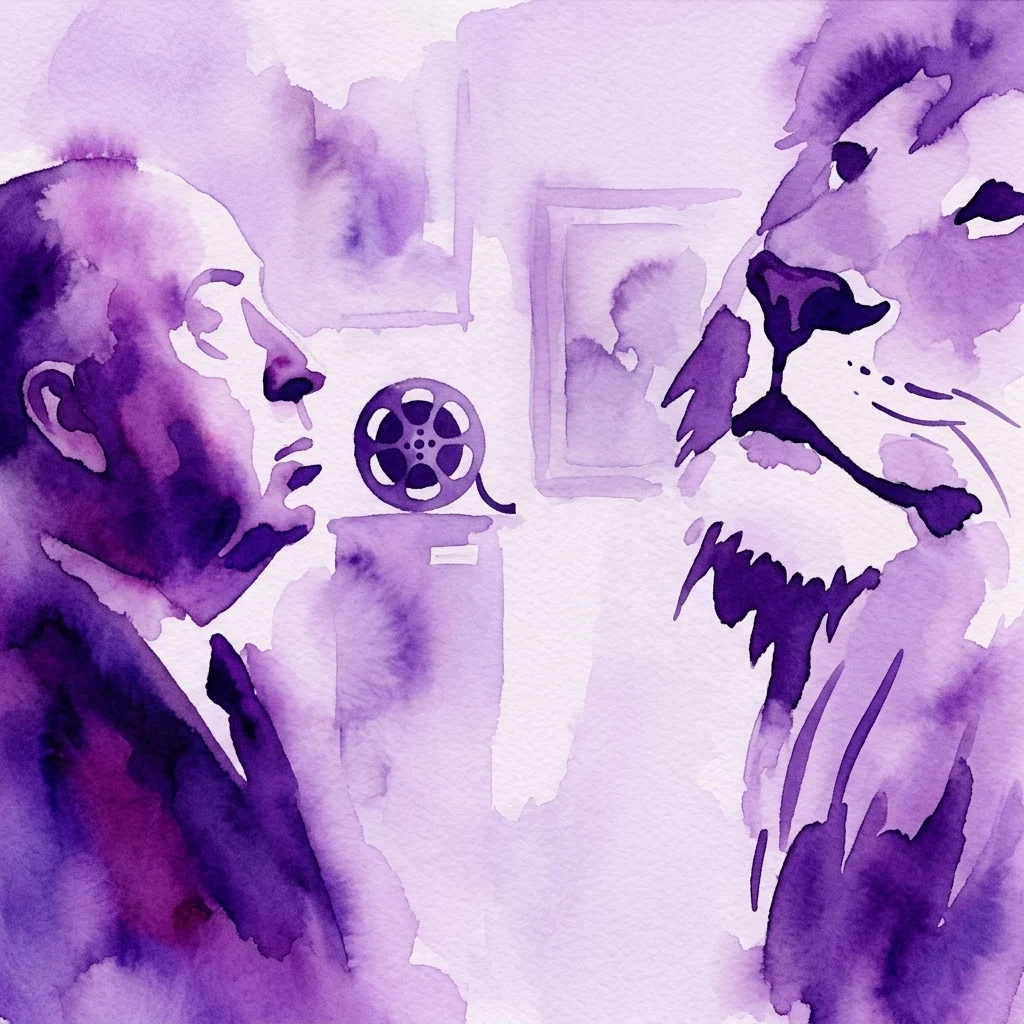 Una ilustración en acuarela morada que representa a Alfred Hitchcock de perfil mirando un carrete de película, con la silueta de una cabeza de león a la derecha, evocando la atmósfera de suspense de sus películas.