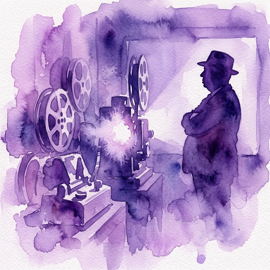 Ilustracja akwarelowa przedstawiająca zabytkowy projektor filmowy z rolkami, świecące światło i sylwetkę Alfreda Hitchcocka w kapeluszu, przywołująca atmosferę klasycznego kina.