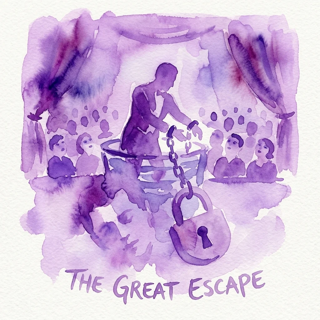 A purple watercolor illustration of a magician performing an escape trick with chains and a padlock, surrounded by an audience in a theater setting.