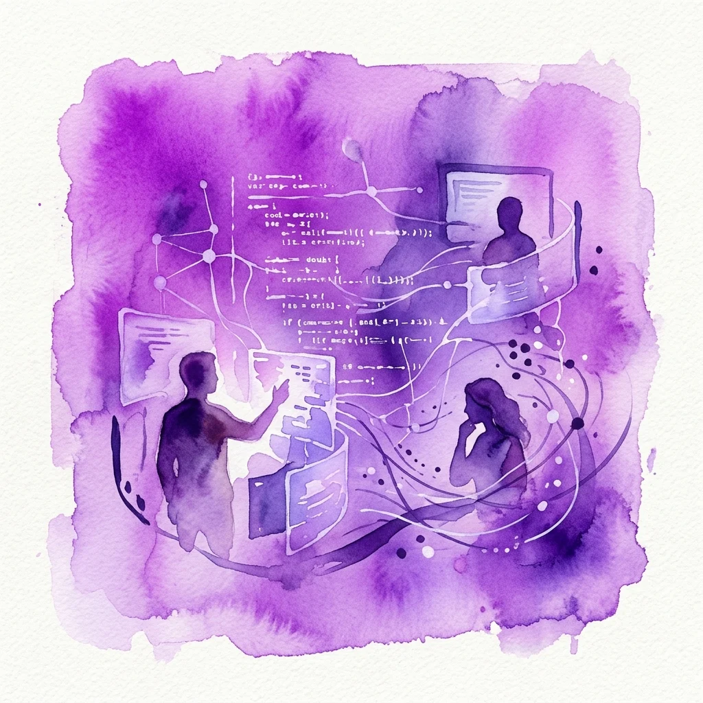 Abstrakcyjna ilustracja akwarelowa w odcieniach fioletu przedstawiająca sylwetki ludzi wchodzących w interakcję z cyfrowymi ekranami i kodem, symbolizująca prawa cyfrowe i tożsamość online.