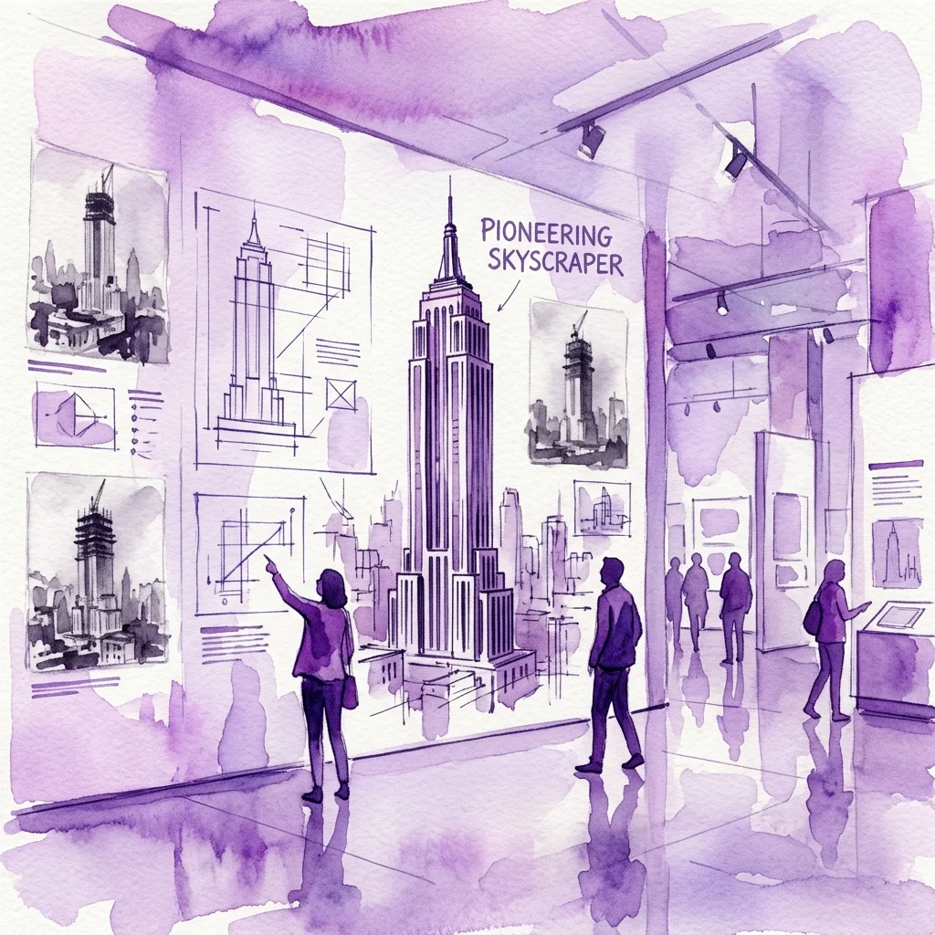 Watercolor illustration of an exhibition gallery featuring architectural blueprints and photographs of a pioneering skyscraper, with visitors observing the display.