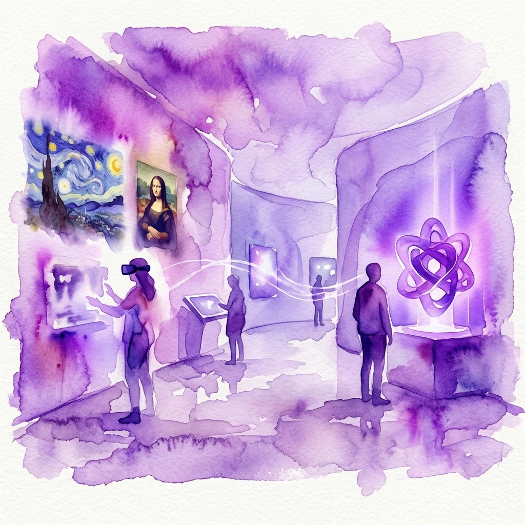 Ilustracja akwarelowa cyfrowej wystawy sztuki, przedstawiająca zwiedzających w goglach VR wchodzących w interakcję z wirtualnymi wersjami klasycznych dzieł sztuki, takich jak „Gwieździsta noc” i „Mona Lisa”, w nowoczesnej przestrzeni galerii z fioletowym oświetleniem.