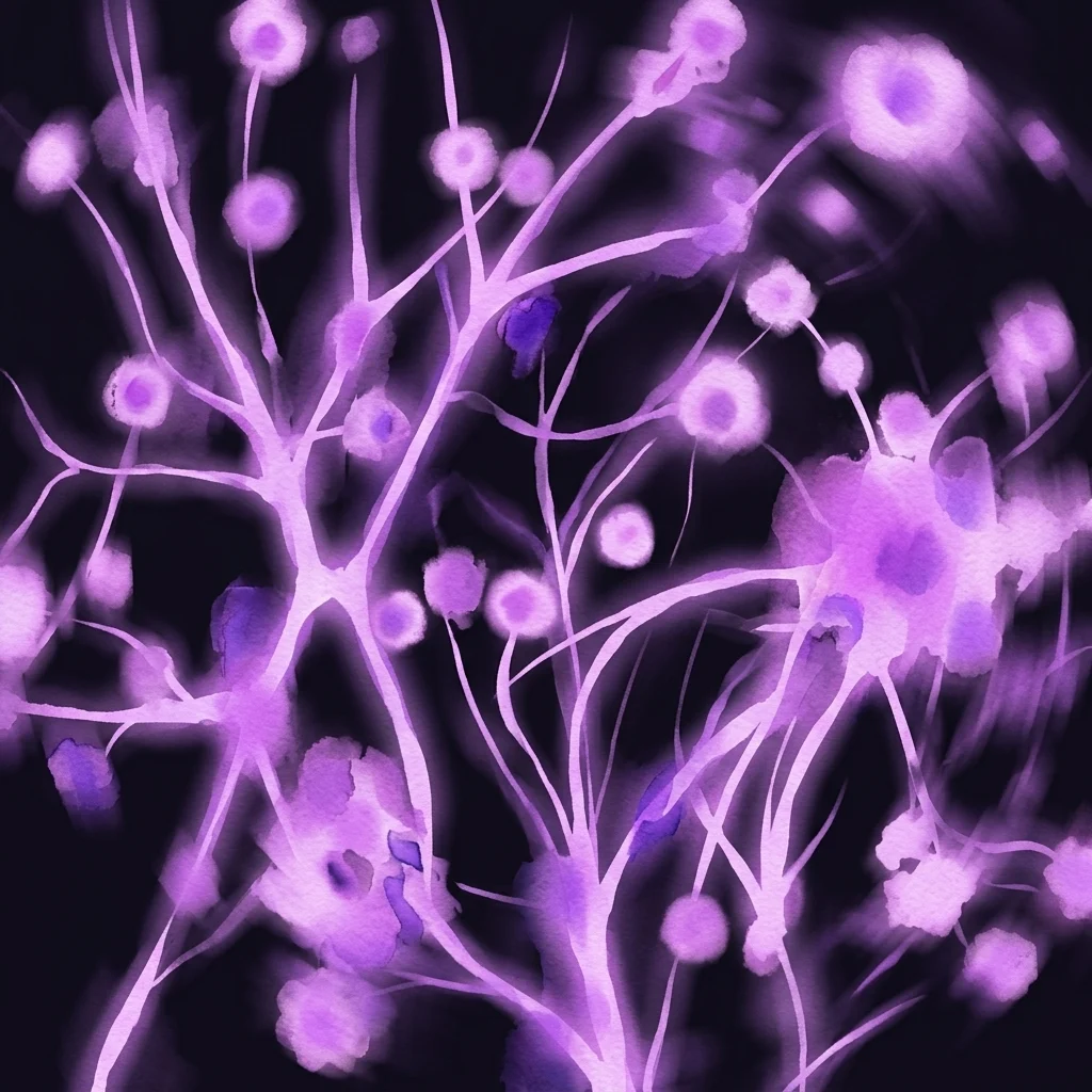 Animación digital abstracta de flores y ramas púrpuras brillantes sobre un fondo oscuro, parte de la exposición 'Digital Nature' de Jennifer Steinkamp.